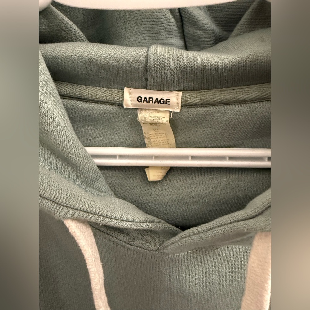 Garage | Sage Green Relaxed Fit Hoodie Kangaroo Pocket with Cream Drawstrings - Picture 4 of 7